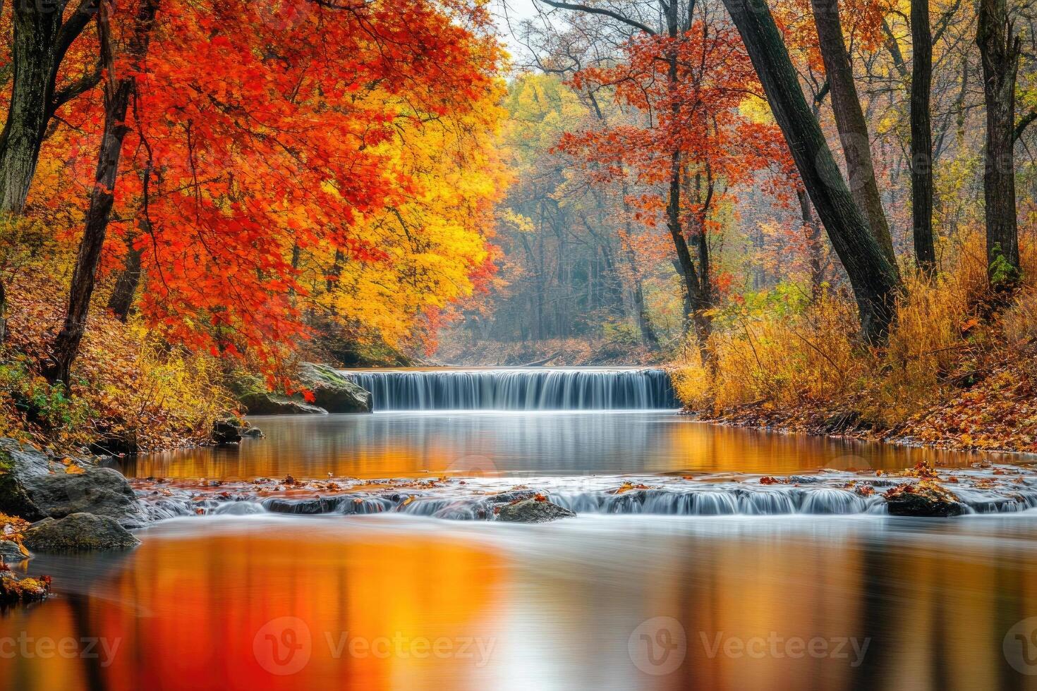 A serene river flowing through autumnal trees. photo