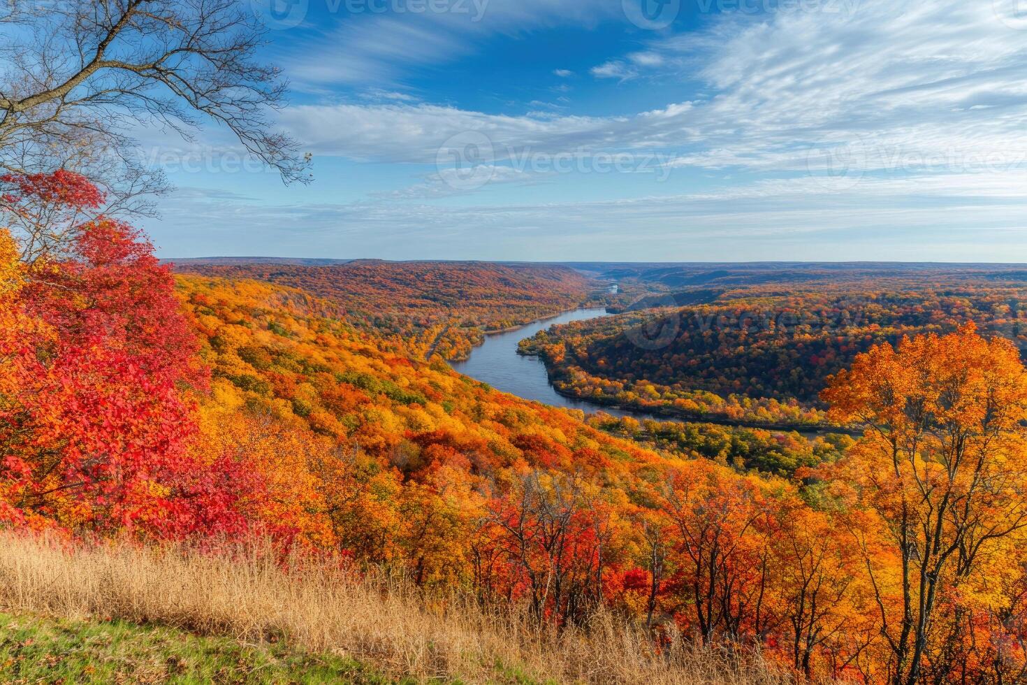 A panoramic view from a hilltop in autumn. photo