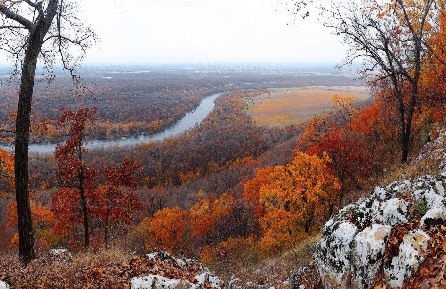 A panoramic view from a hilltop in autumn. photo
