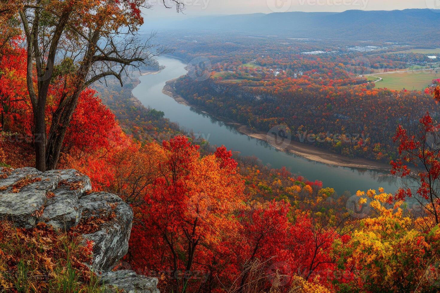 A panoramic view from a hilltop in autumn. photo