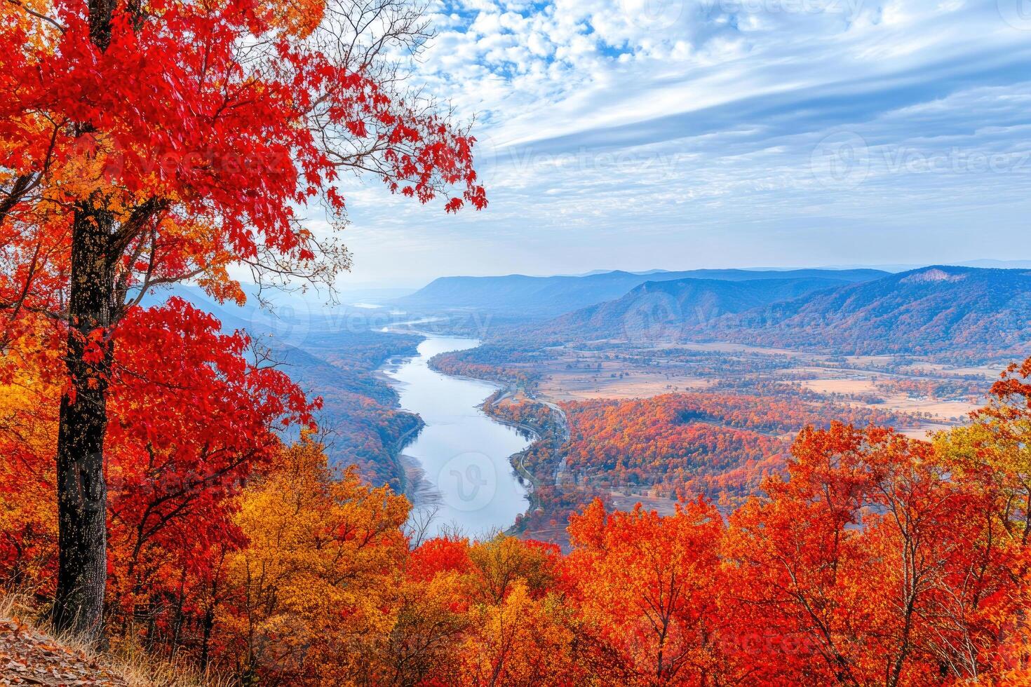 A panoramic view from a hilltop in autumn. photo
