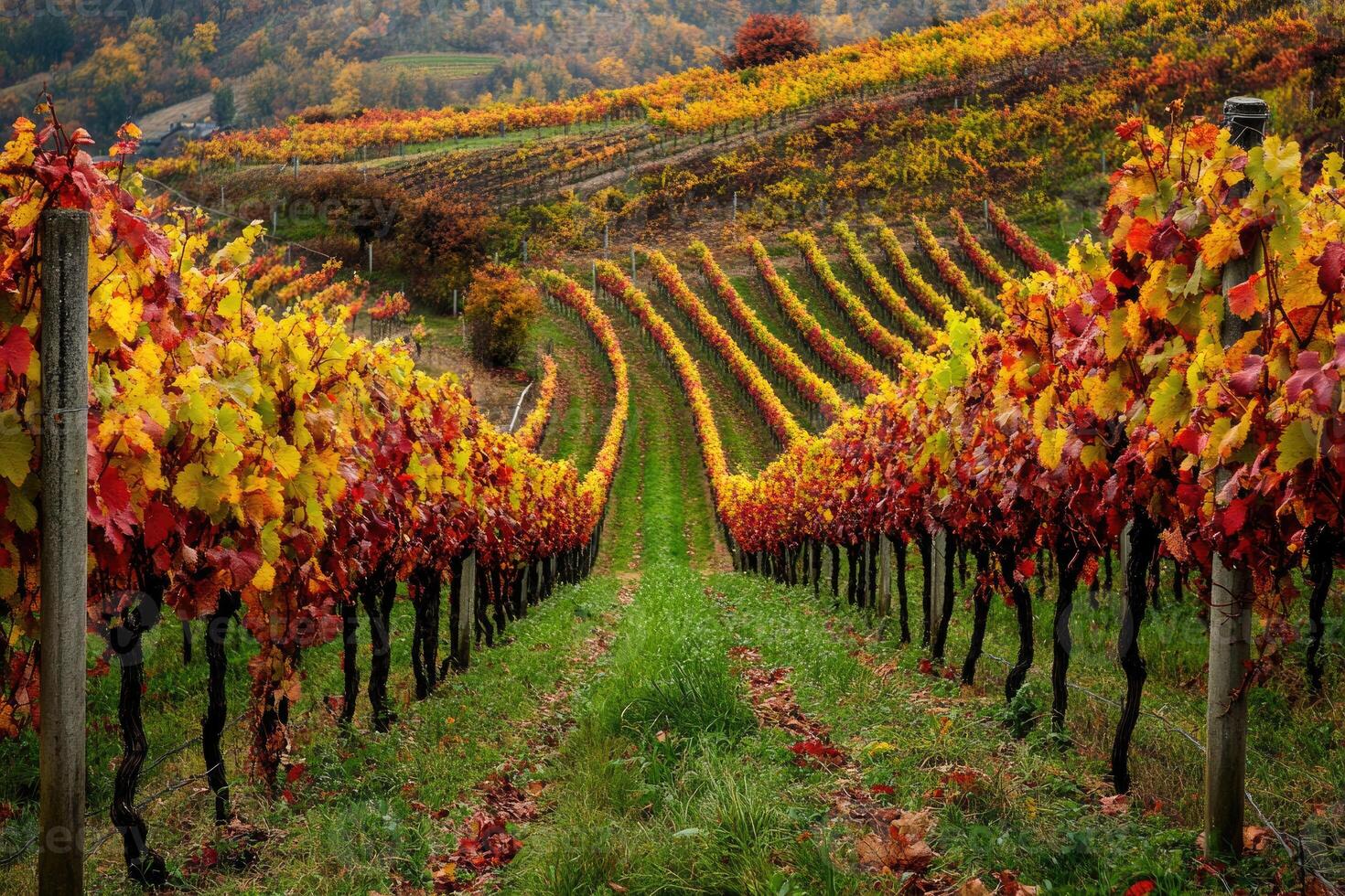 A picturesque vineyard in the autumn season. photo