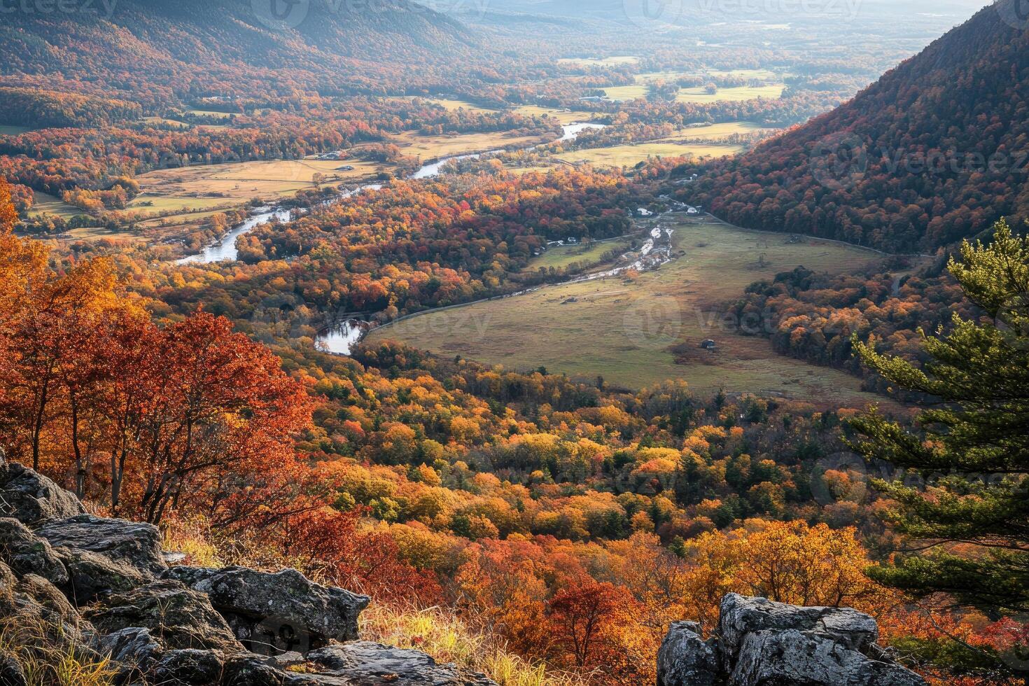 A panoramic view from a hilltop in autumn. photo