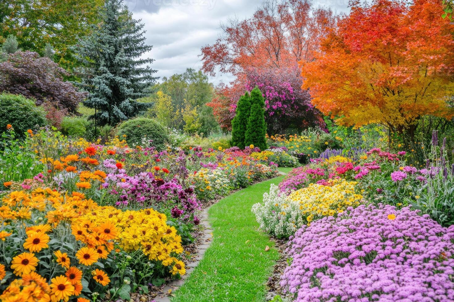 A lush garden full of autumn blooms. photo
