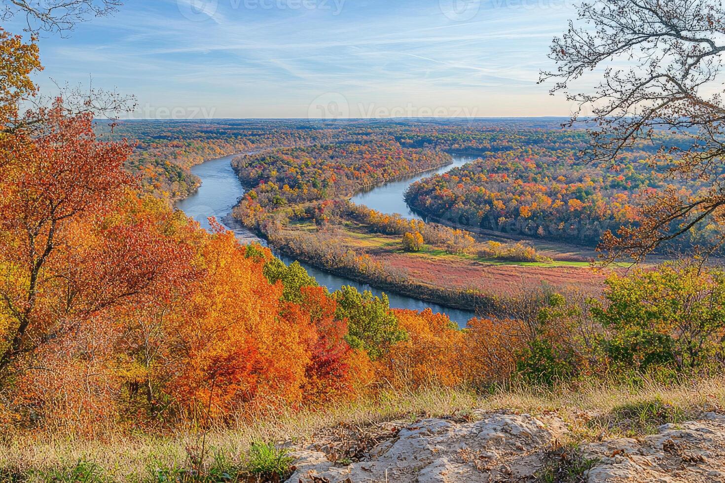 A panoramic view from a hilltop in autumn. photo