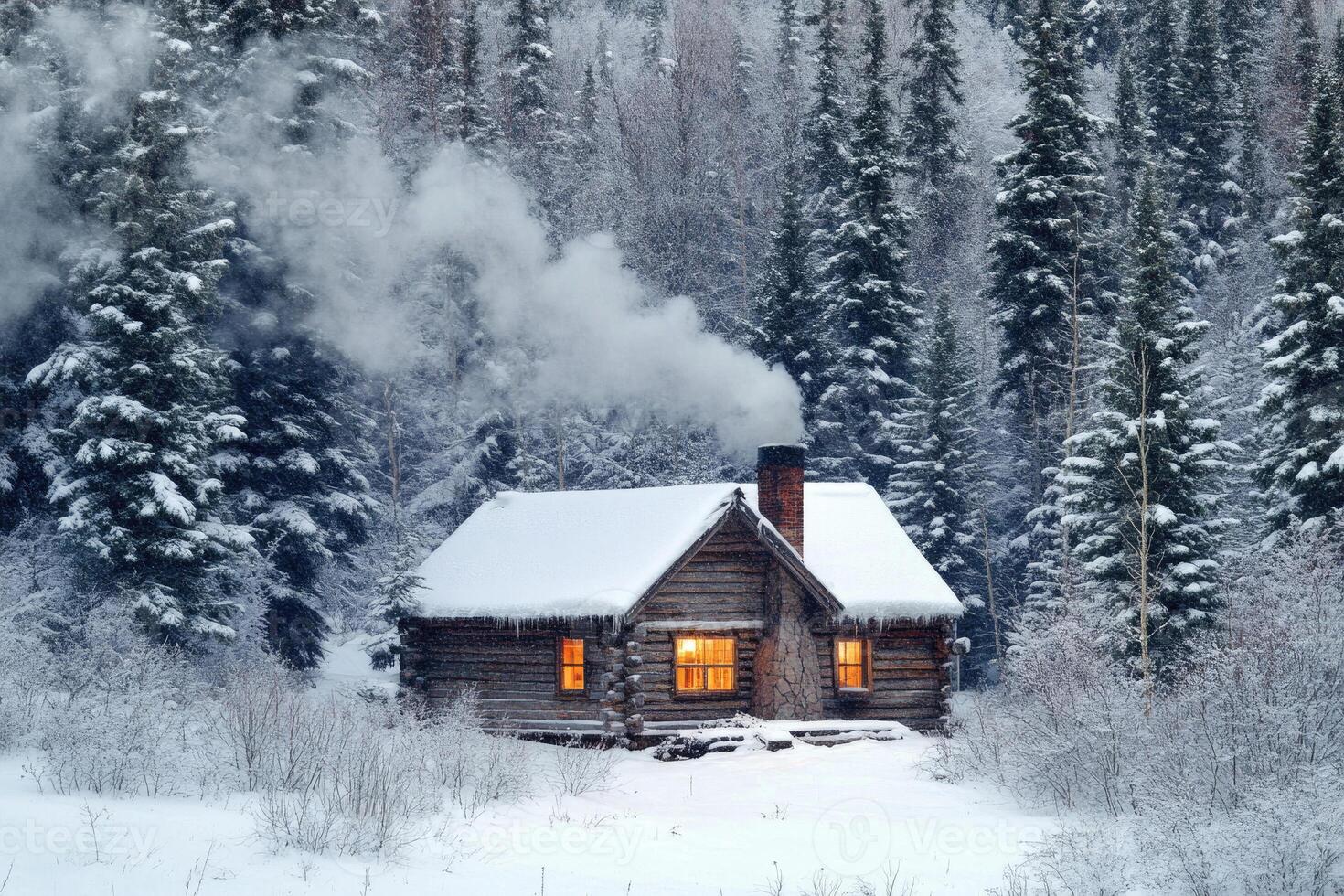 A cozy cabin nestled in a snowy forest. photo