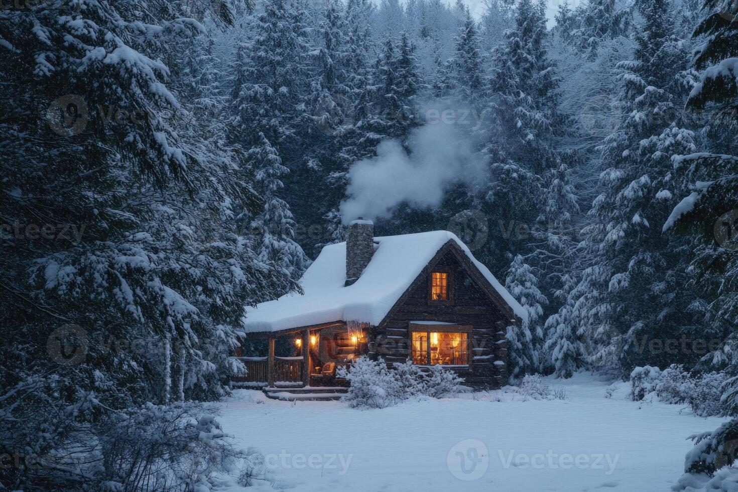 A cozy cabin nestled in a snowy forest. photo