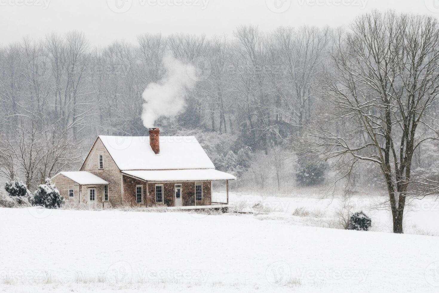 A farmhouse surrounded by snow in the countryside. photo