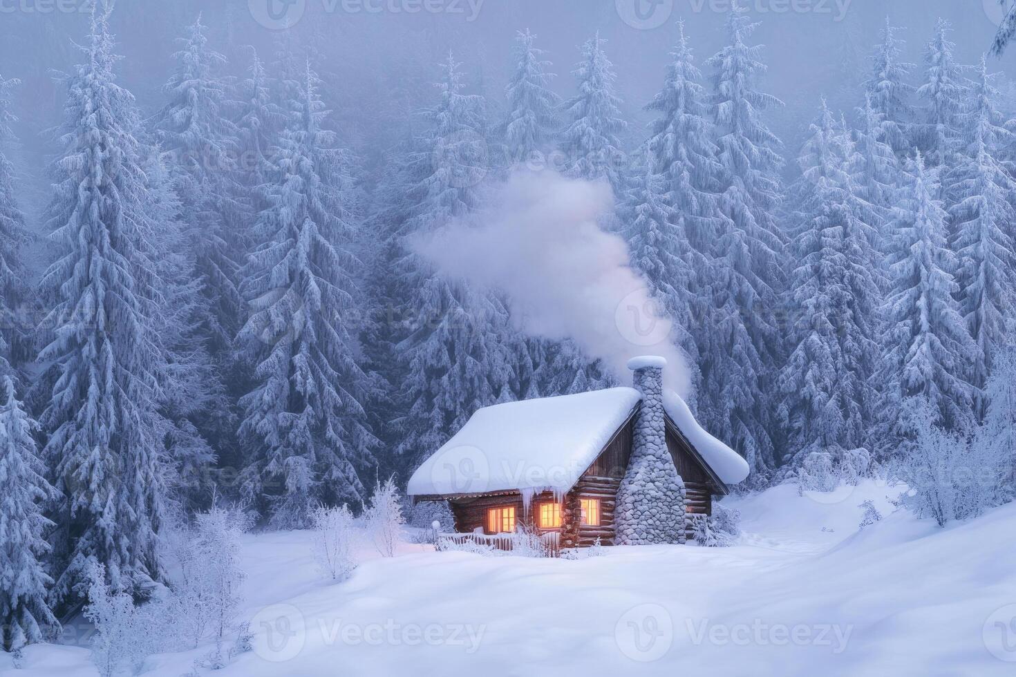 A cozy cabin nestled in a snowy forest. photo