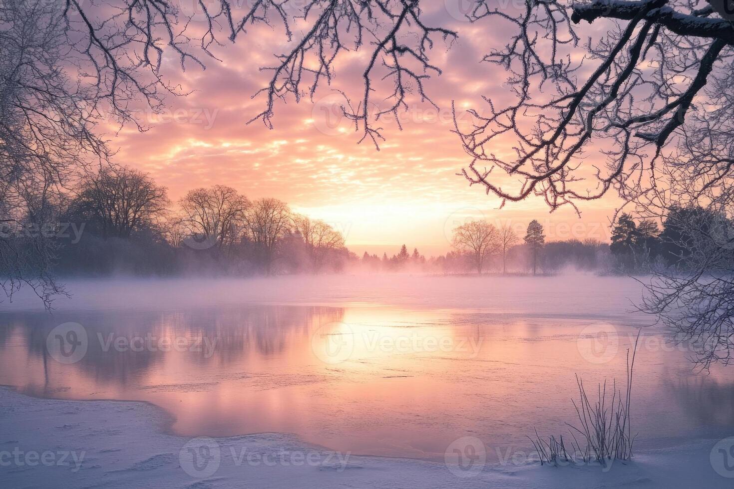 A frozen lake glowing under the morning sun. photo