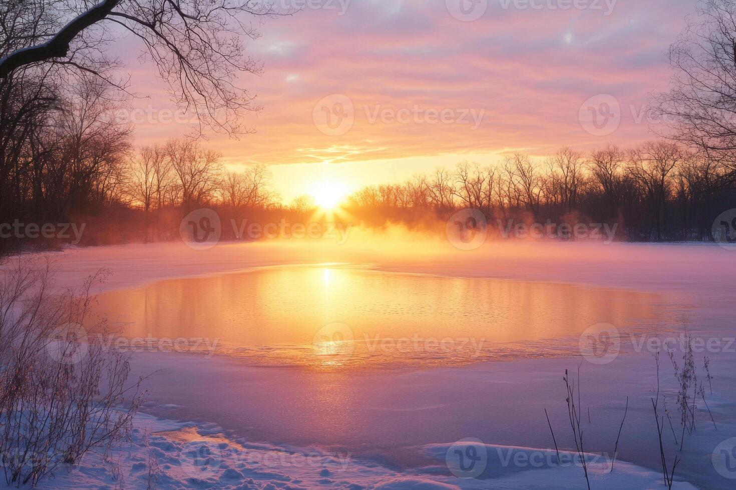 A frozen lake glowing under the morning sun. photo