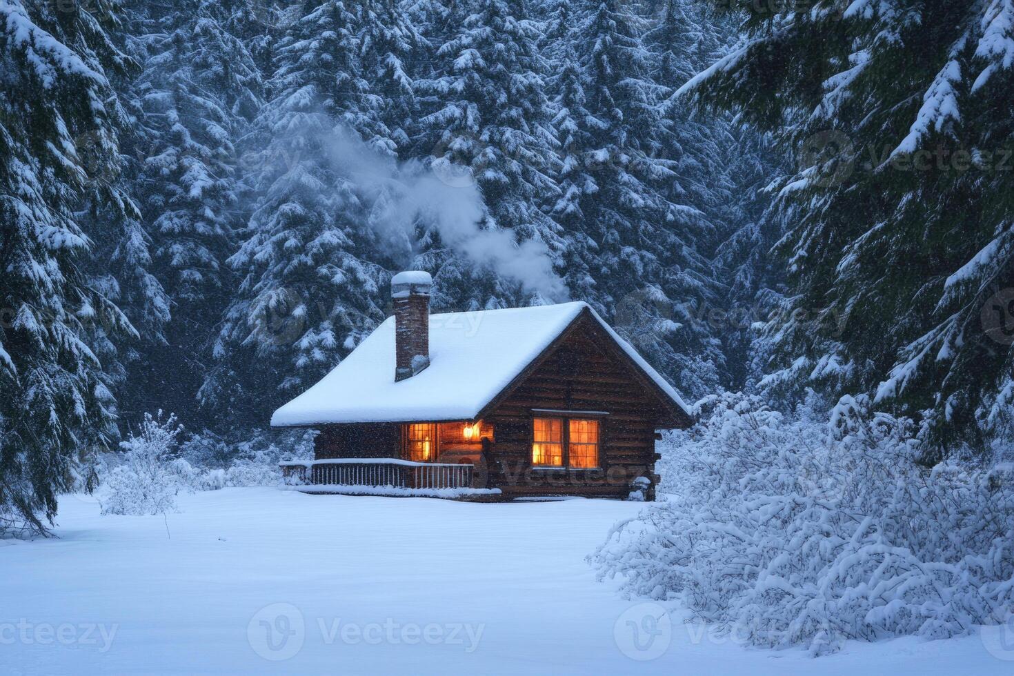 A cozy cabin nestled in a snowy forest. photo