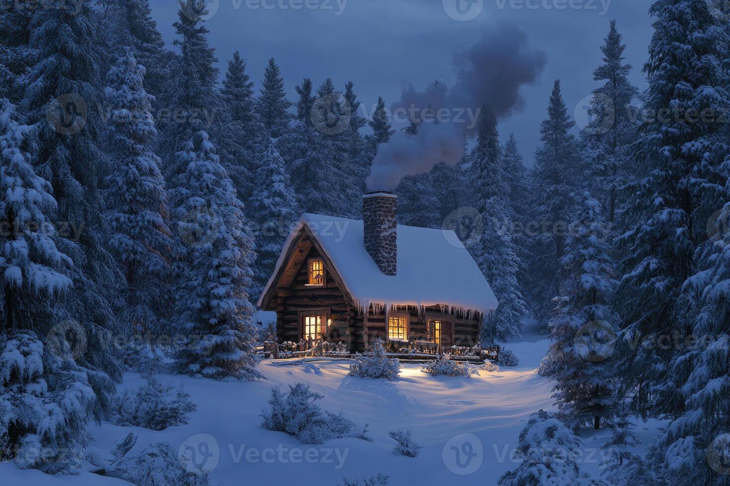 A cozy cabin nestled in a snowy forest. photo