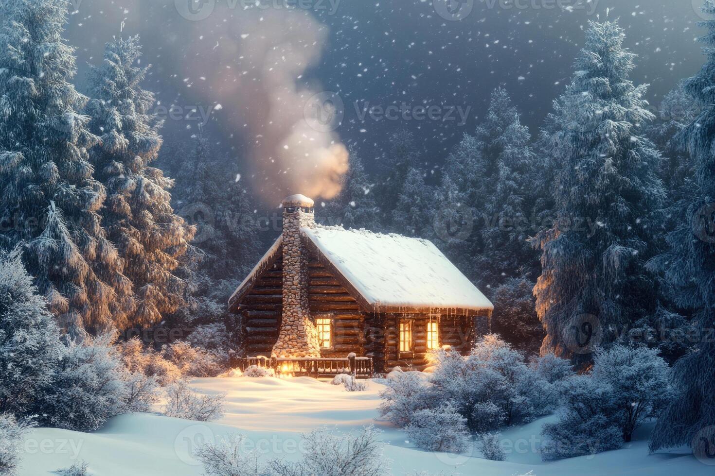 A cozy cabin nestled in a snowy forest. photo