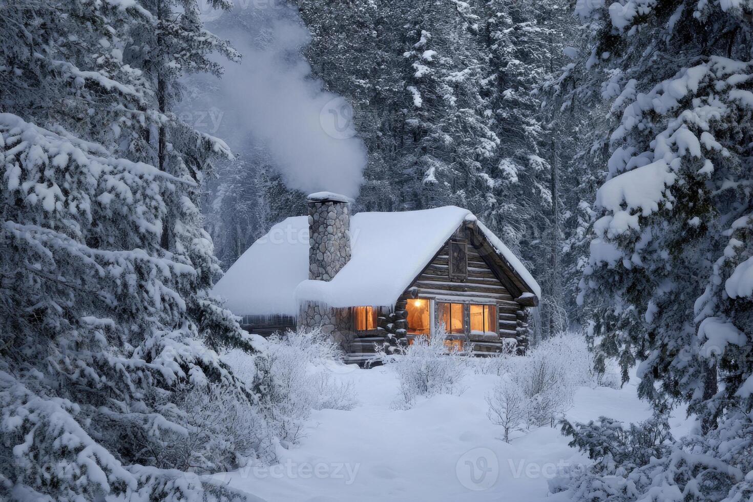 A cozy cabin nestled in a snowy forest. photo