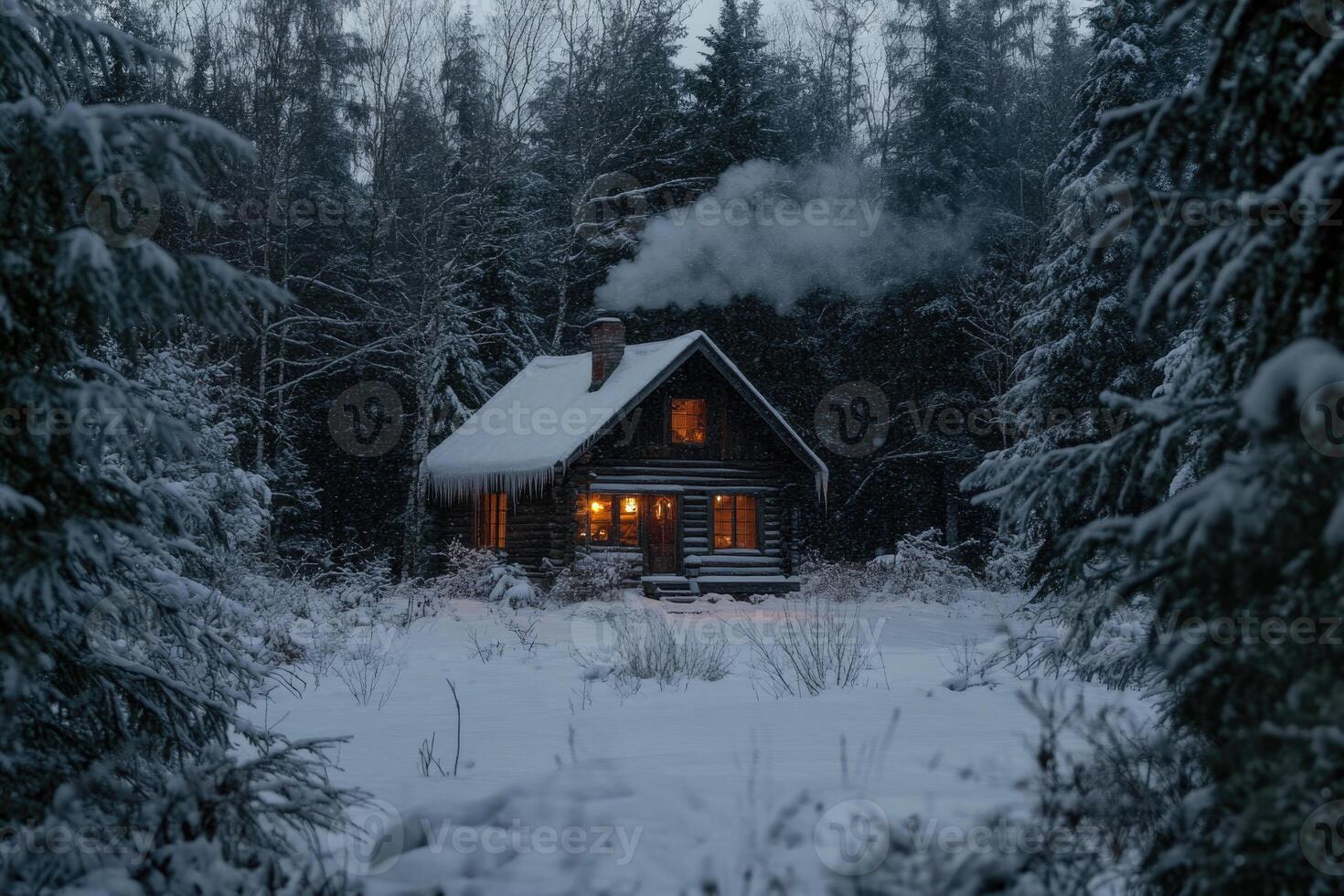 A cozy cabin nestled in a snowy forest. photo