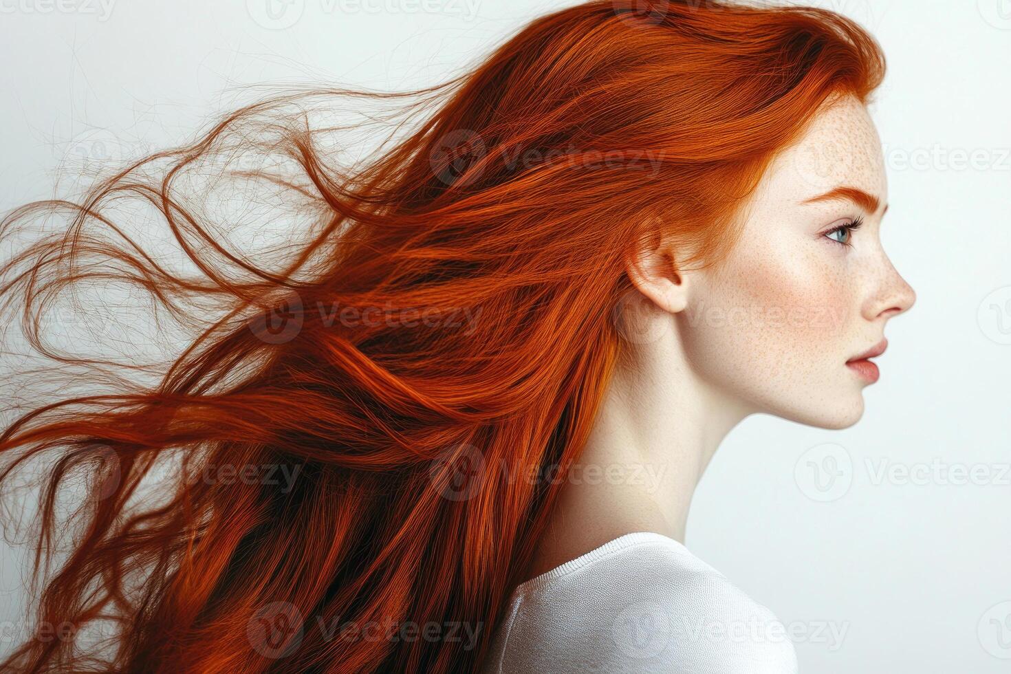 Profile portrait of a beautiful red-haired young woman with flowing hair on a white studio background. photo