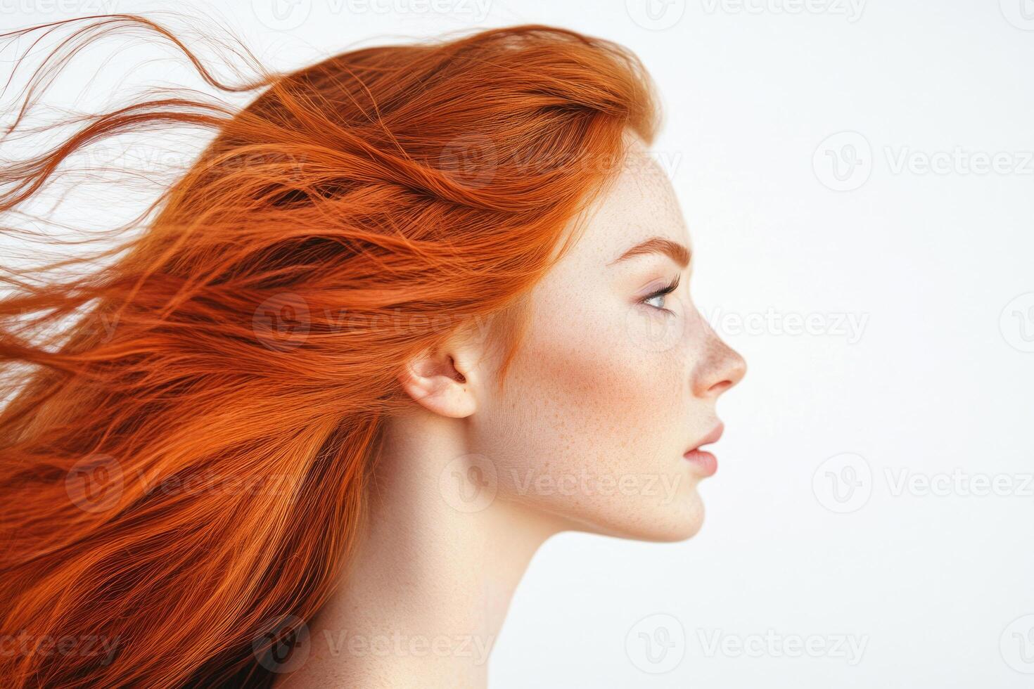 Profile portrait of a beautiful red-haired young woman with flowing hair on a white studio background. photo