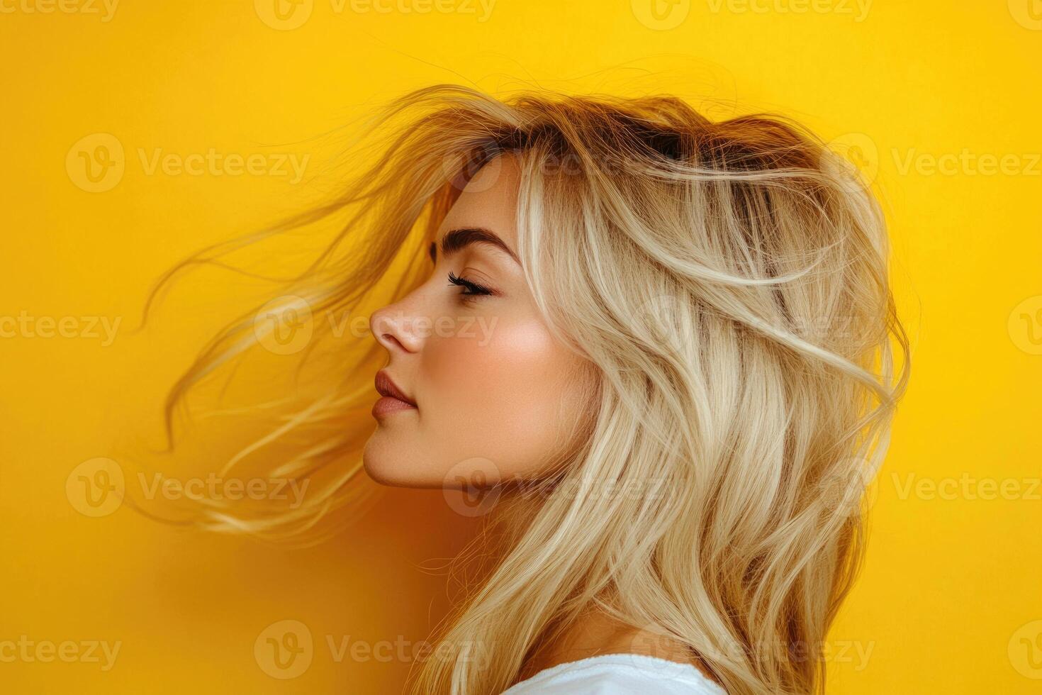 A blonde woman with flowing hair in profile on a yellow background. photo