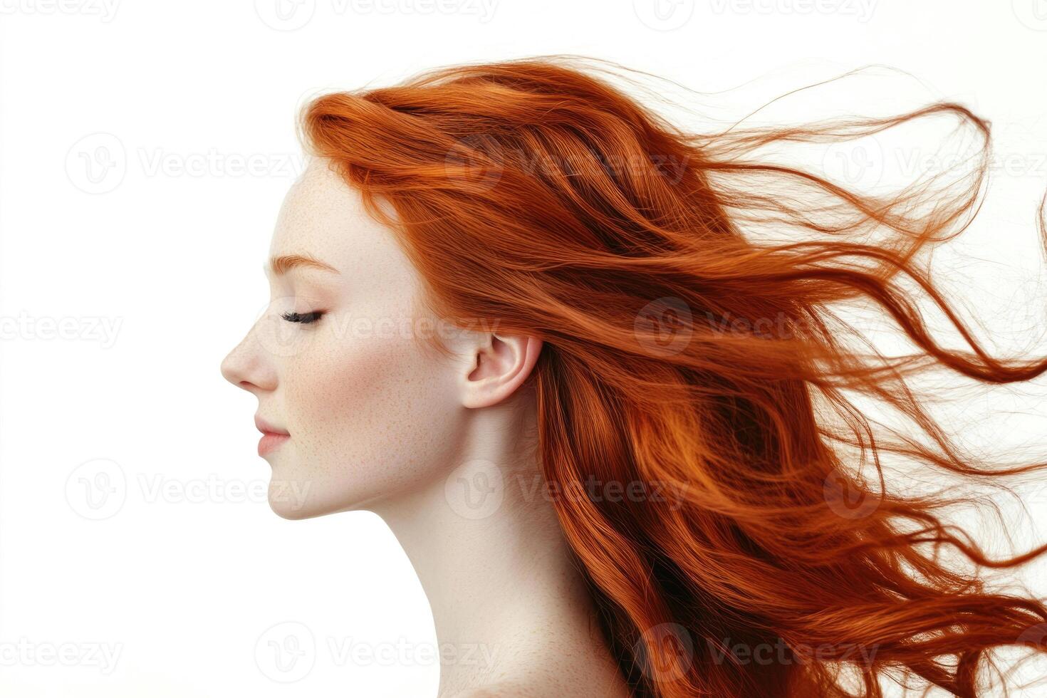 Profile portrait of a beautiful red-haired young woman with flowing hair on a white studio background. photo