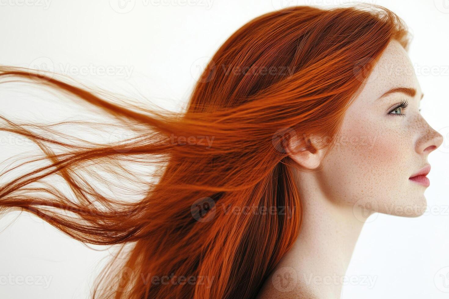 Profile portrait of a beautiful red-haired young woman with flowing hair on a white studio background. photo