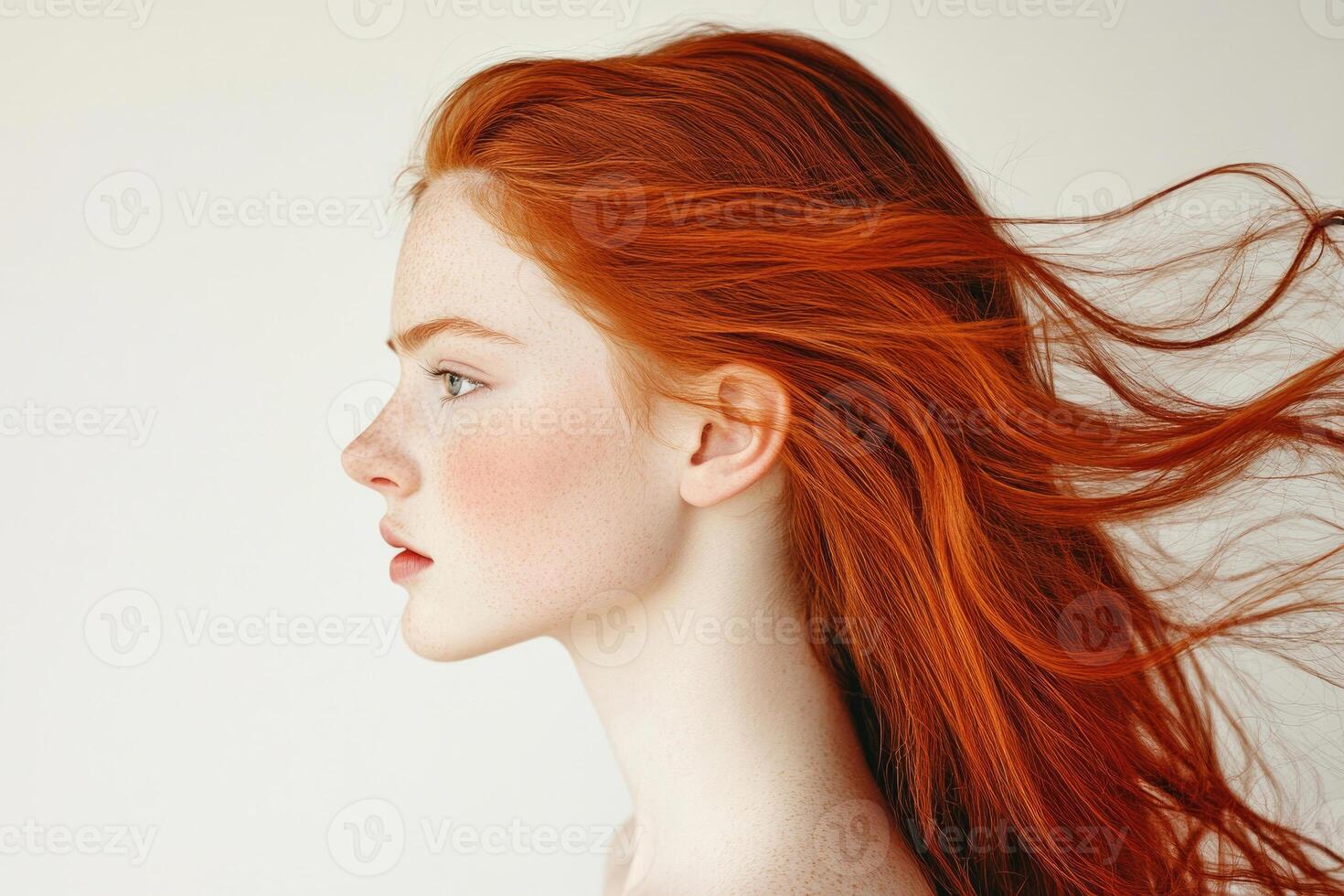 Profile portrait of a beautiful red-haired young woman with flowing hair on a white studio background. photo