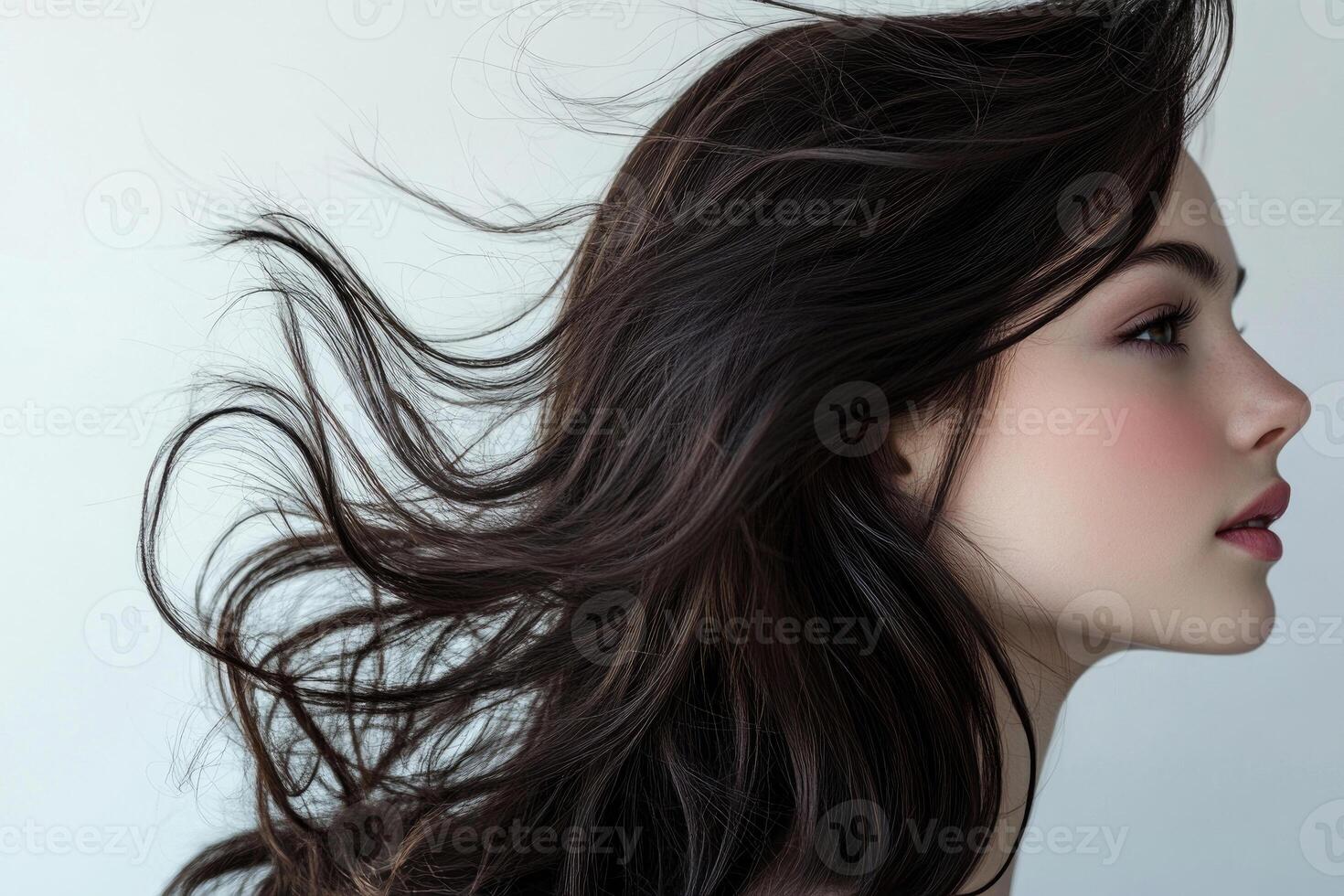 A profile portrait of a young brunette woman with flowing hair on a white background. photo