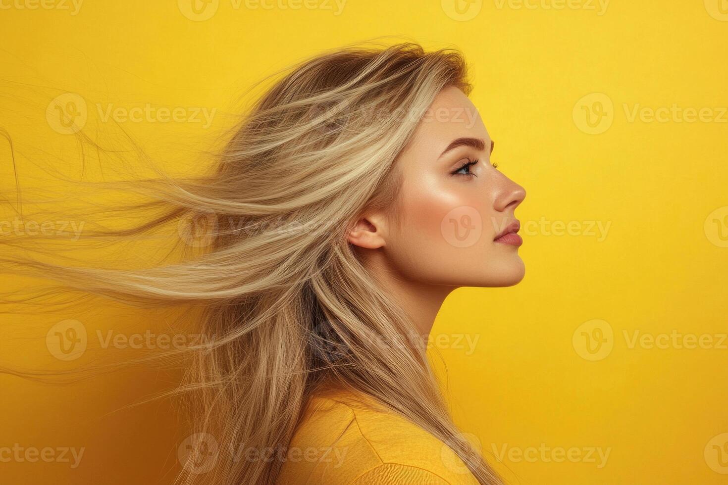 A blonde woman with flowing hair in profile on a yellow background. photo
