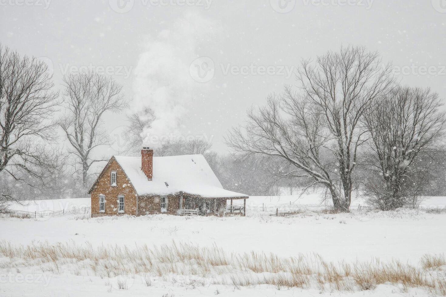 A farmhouse surrounded by snow in the countryside. photo
