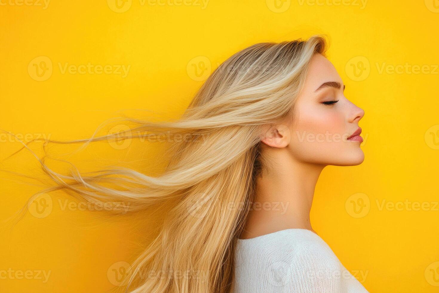 Blonde woman in profile with wind-blown hair against a yellow studio background. photo