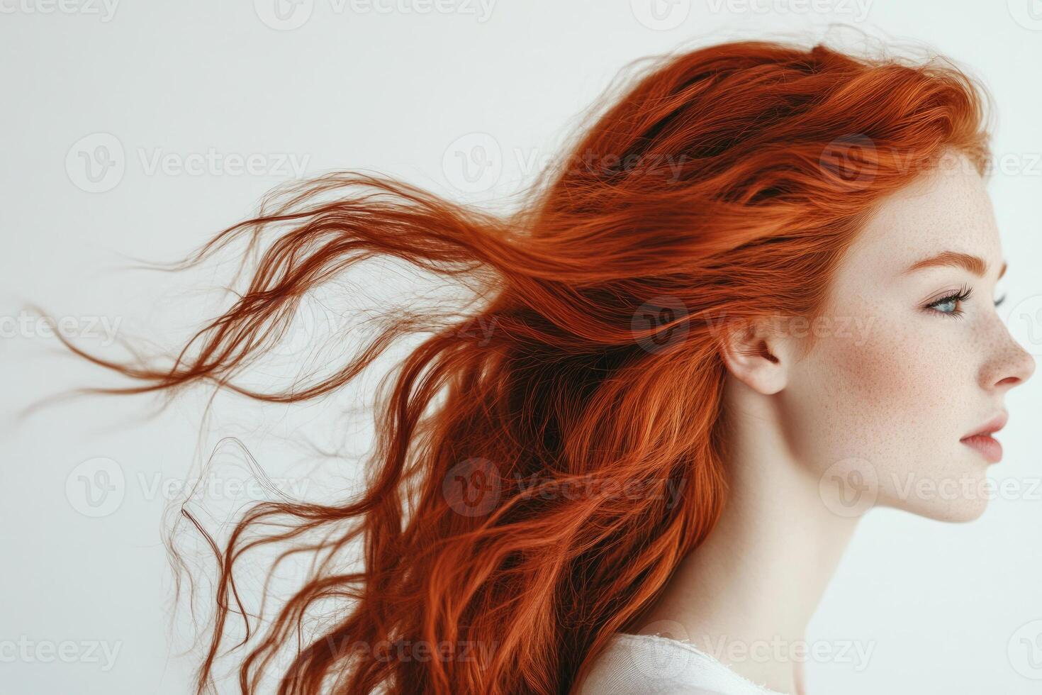 Profile portrait of a beautiful red-haired young woman with flowing hair on a white studio background. photo