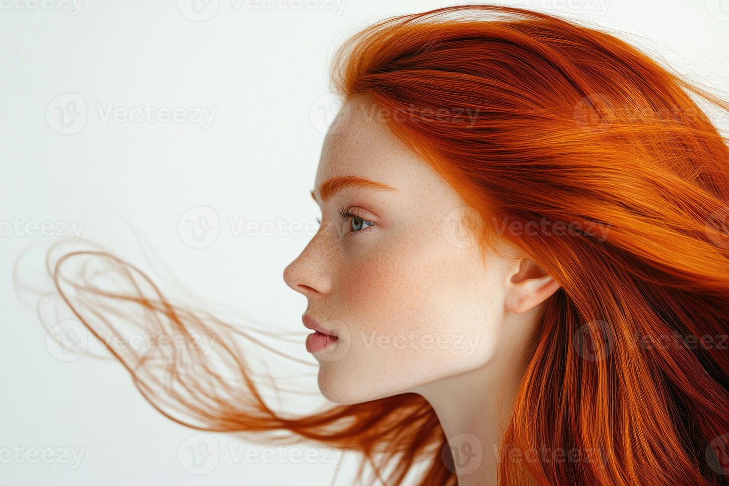 Profile portrait of a beautiful red-haired young woman with flowing hair on a white studio background. photo