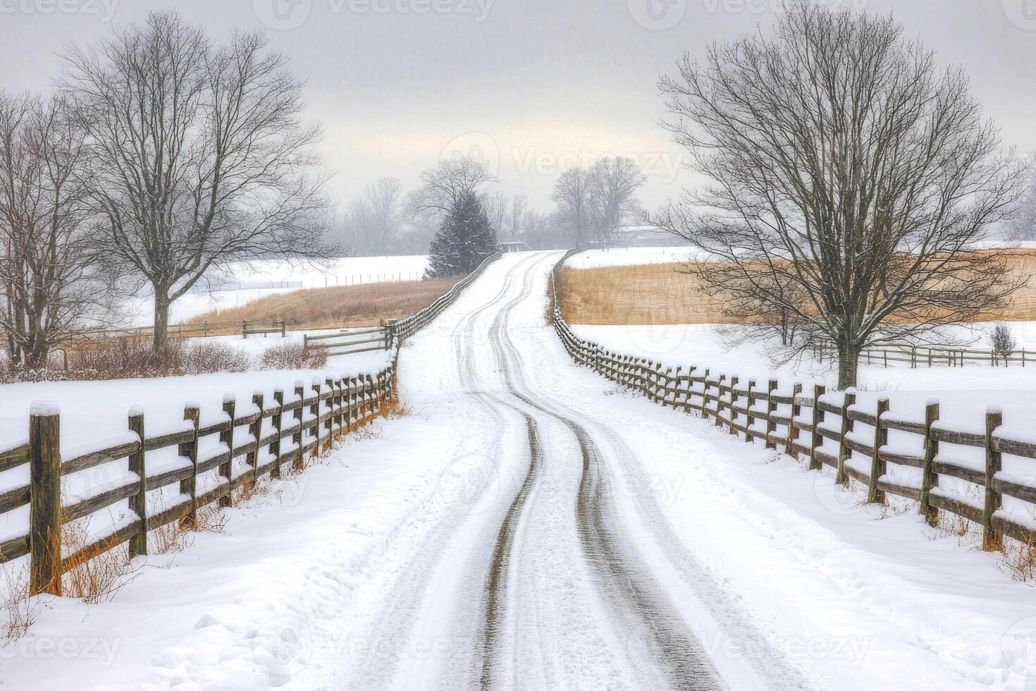A country road covered in snow, lined with fences. photo