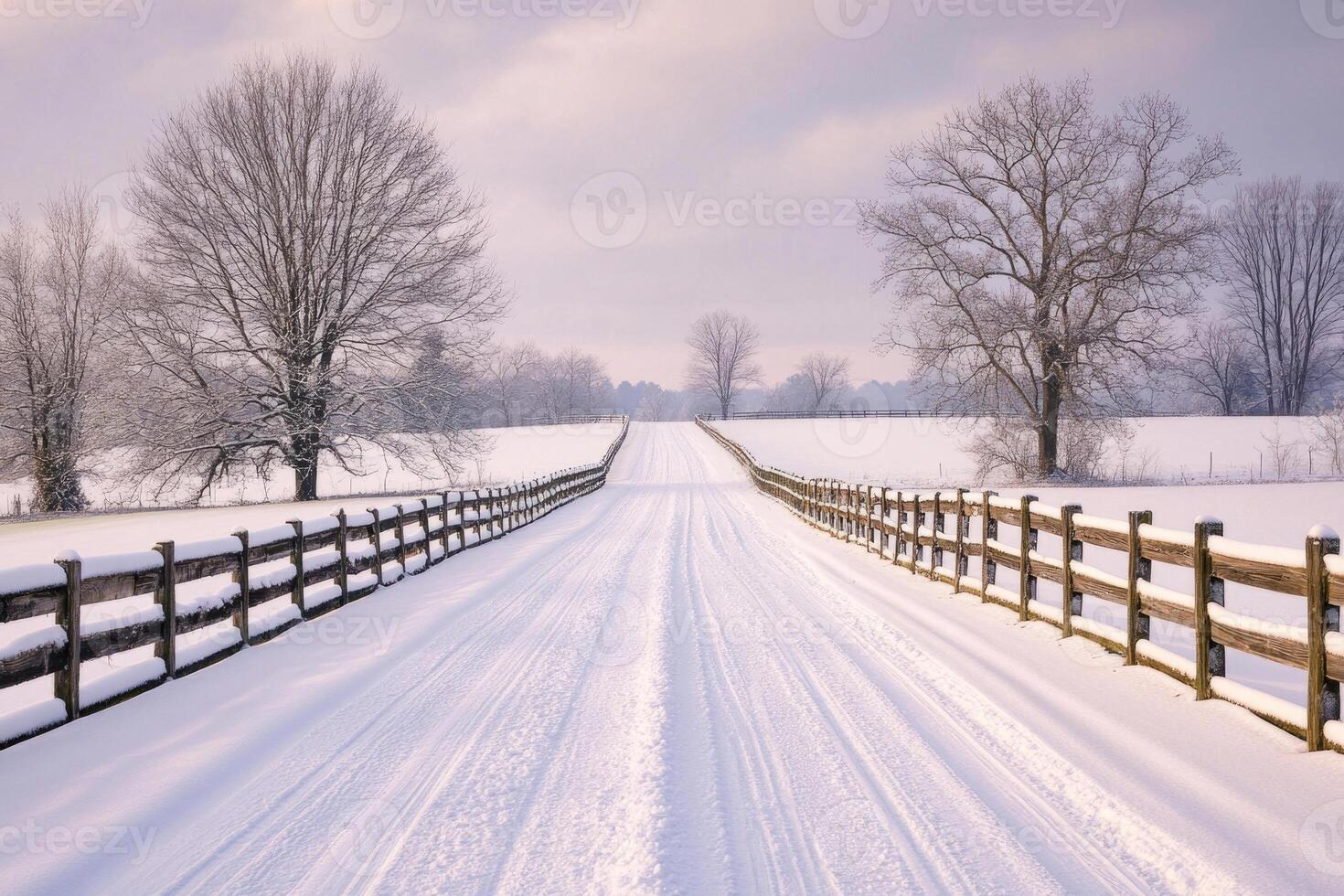 A country road covered in snow, lined with fences. photo