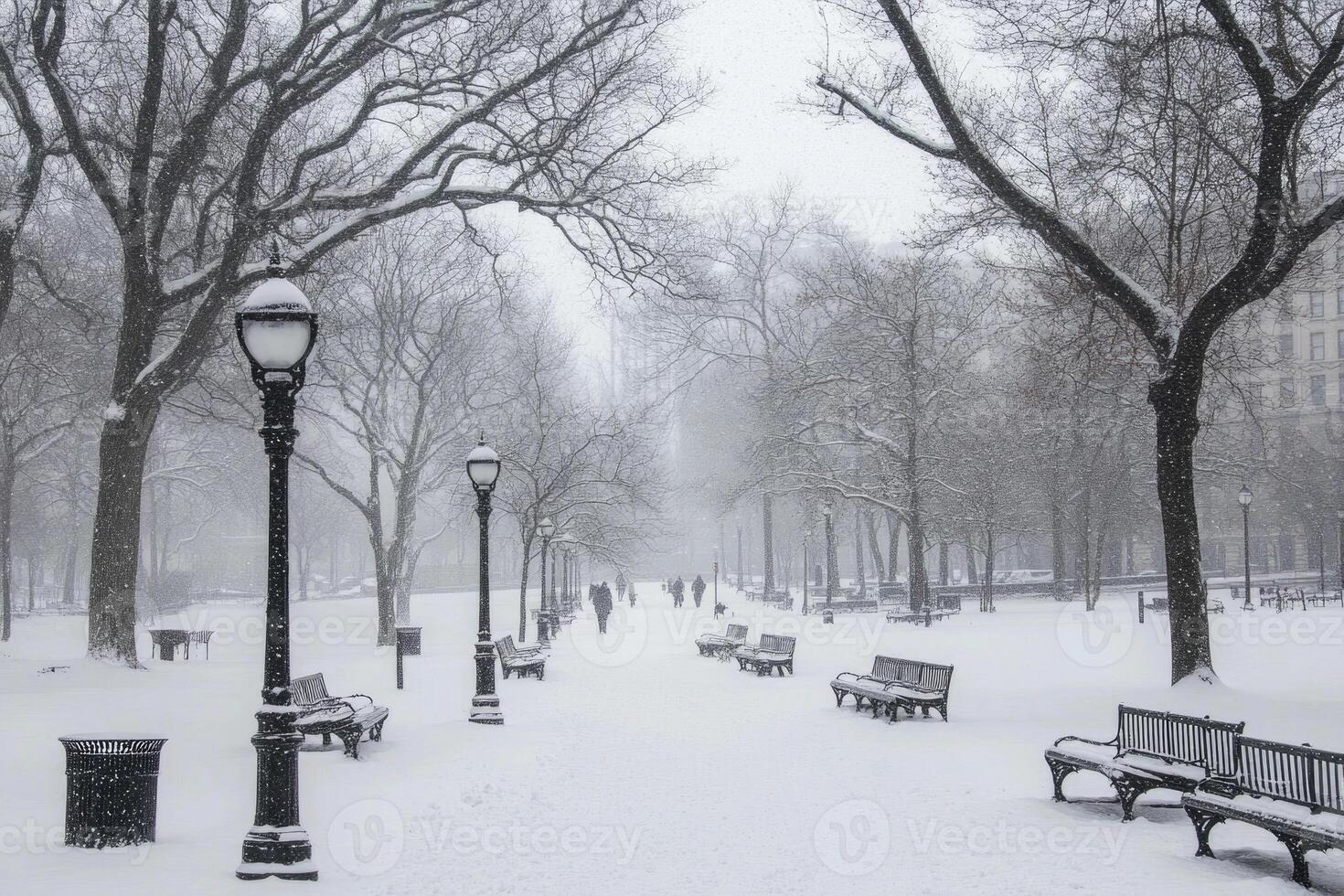 A city park blanketed in snow with bare trees. photo