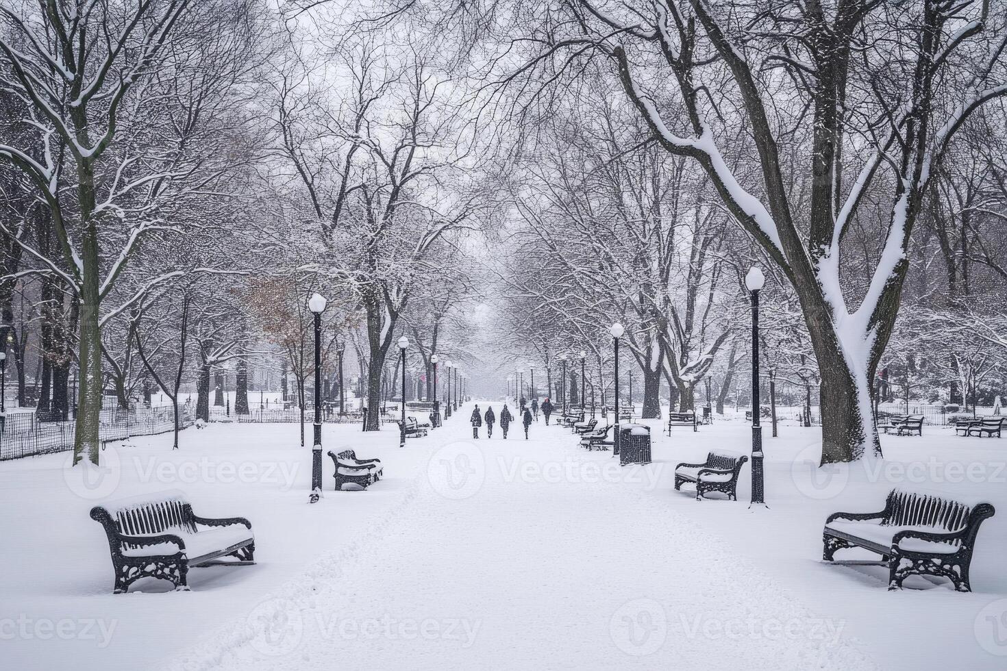 A city park blanketed in snow with bare trees. photo