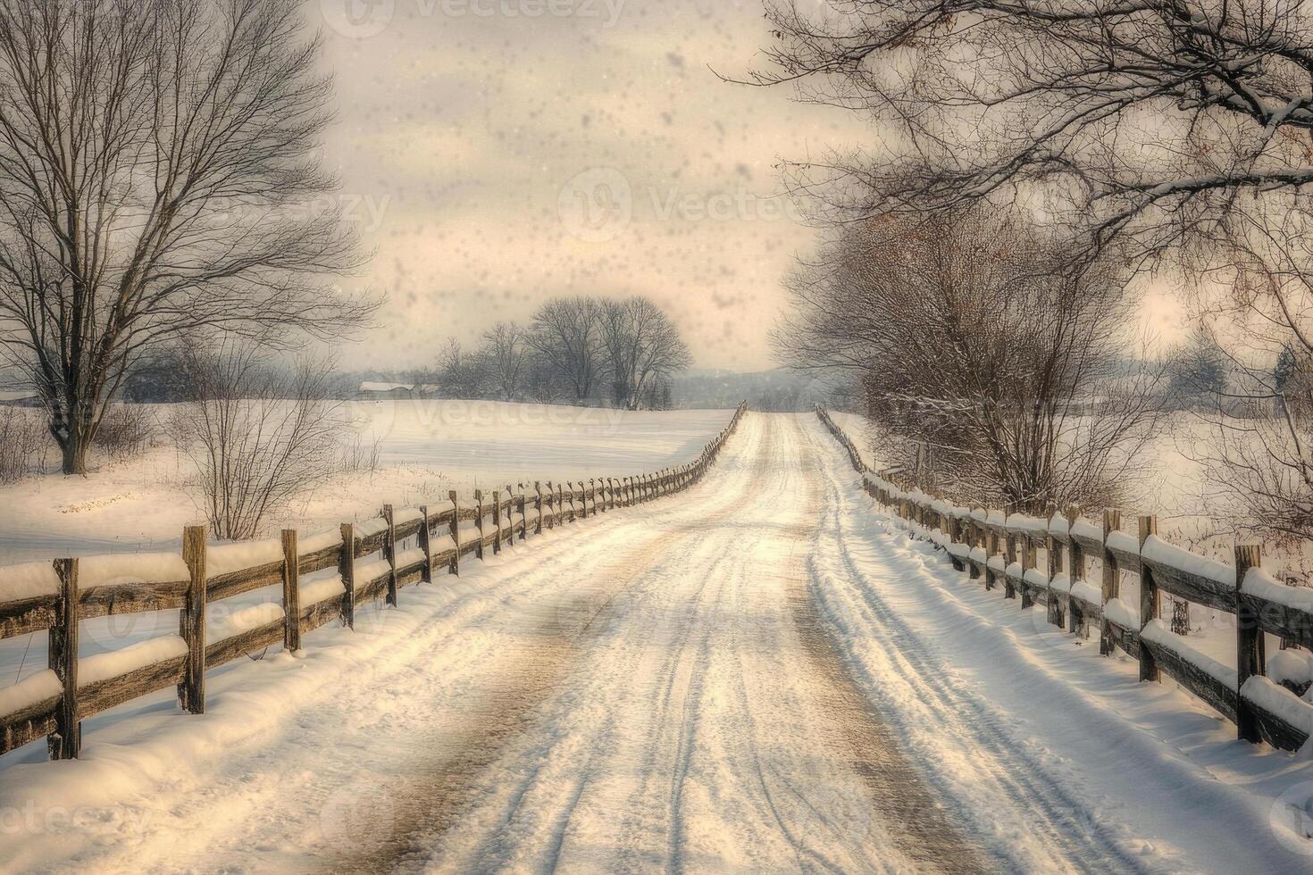 A country road covered in snow, lined with fences. photo