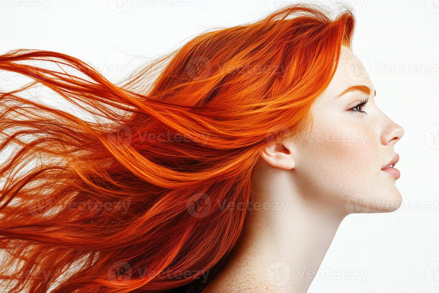 Profile portrait of a beautiful red-haired young woman with flowing hair on a white studio background. photo