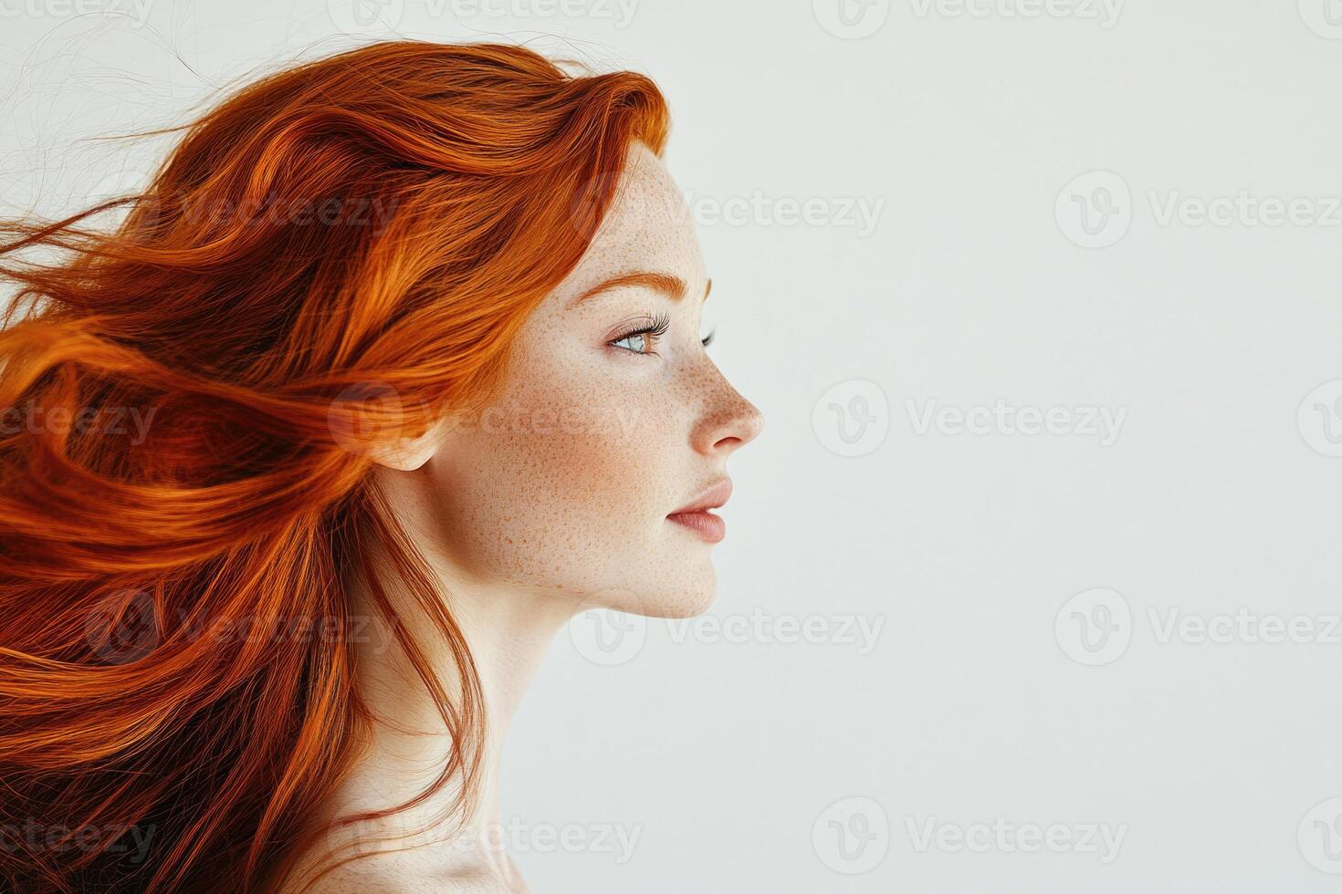 Profile portrait of a beautiful red-haired young woman with flowing hair on a white studio background. photo