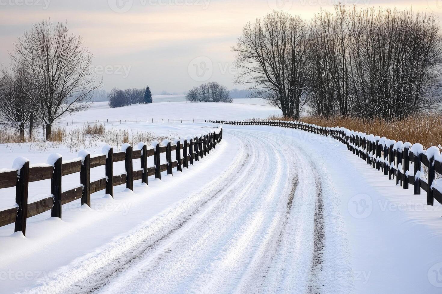 A country road covered in snow, lined with fences. photo