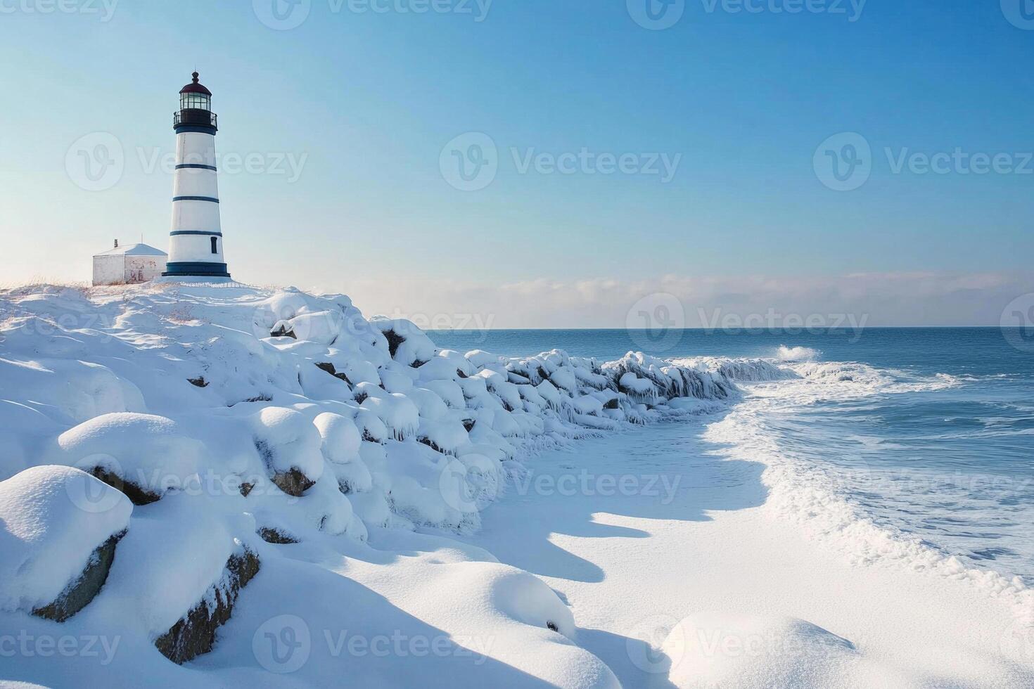 A lighthouse covered in snow by the winter sea. photo
