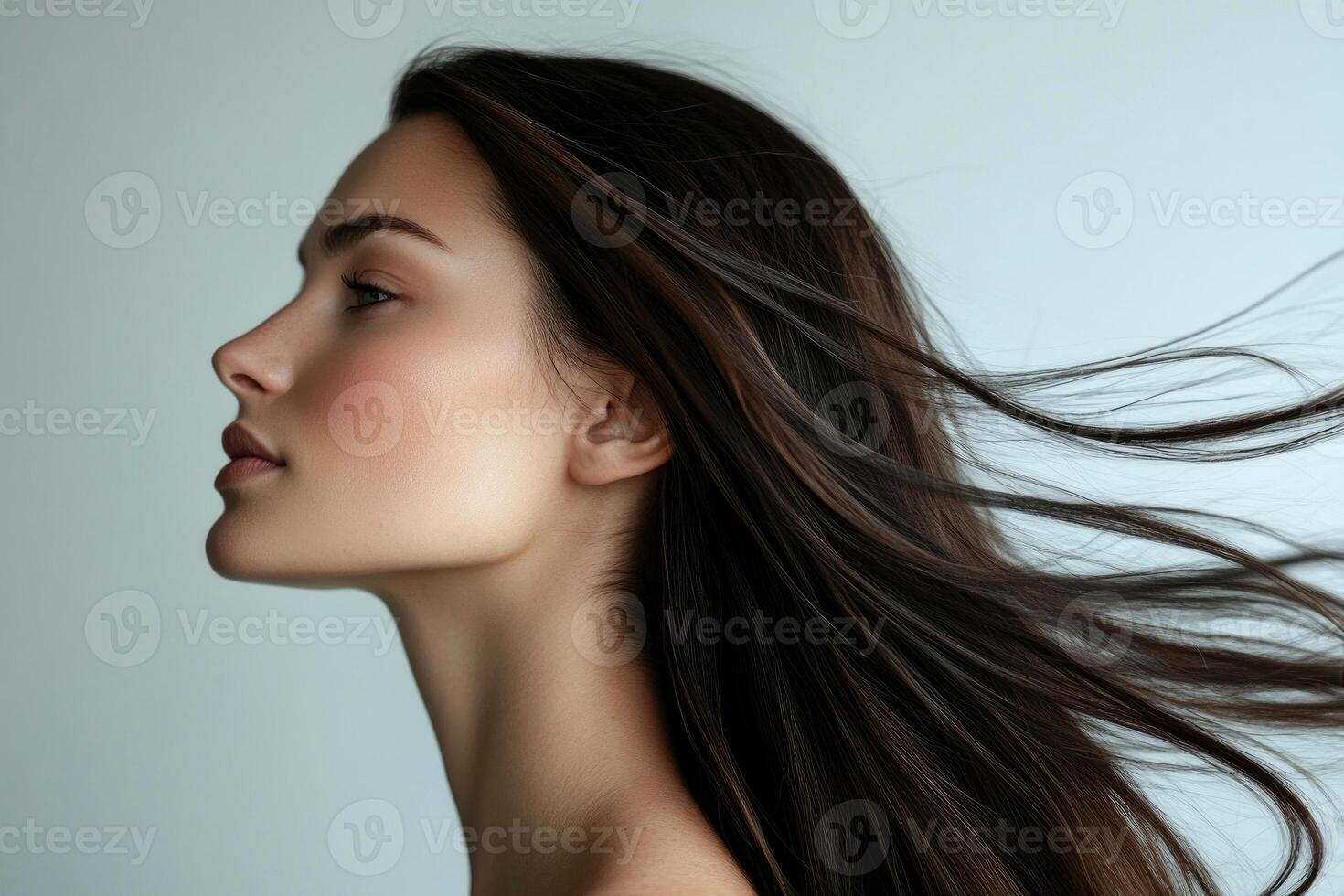 Elegant brunette profile with flowing hair. photo