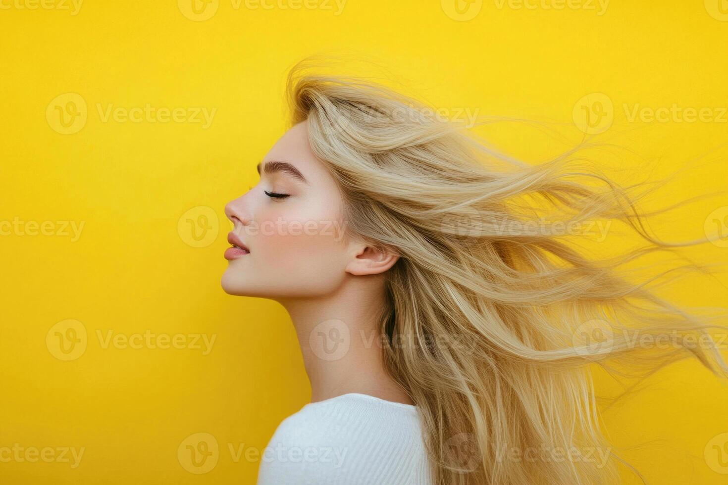 Profile portrait of a blonde woman with hair flowing in the wind on a yellow backdrop. photo