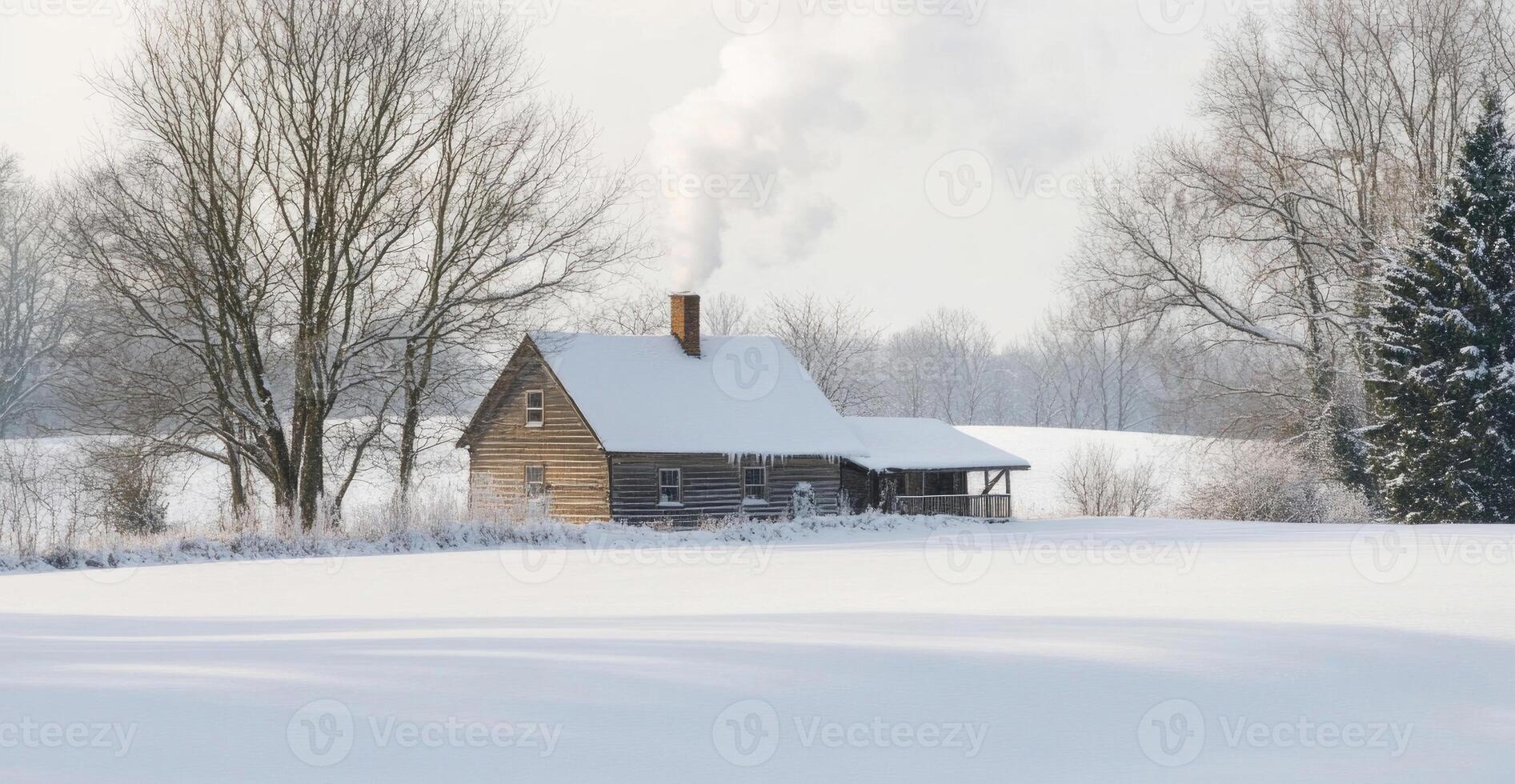 A farmhouse surrounded by snow in the countryside. photo