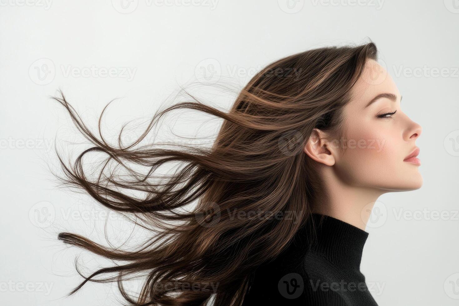 Elegant brunette profile with flowing hair. photo