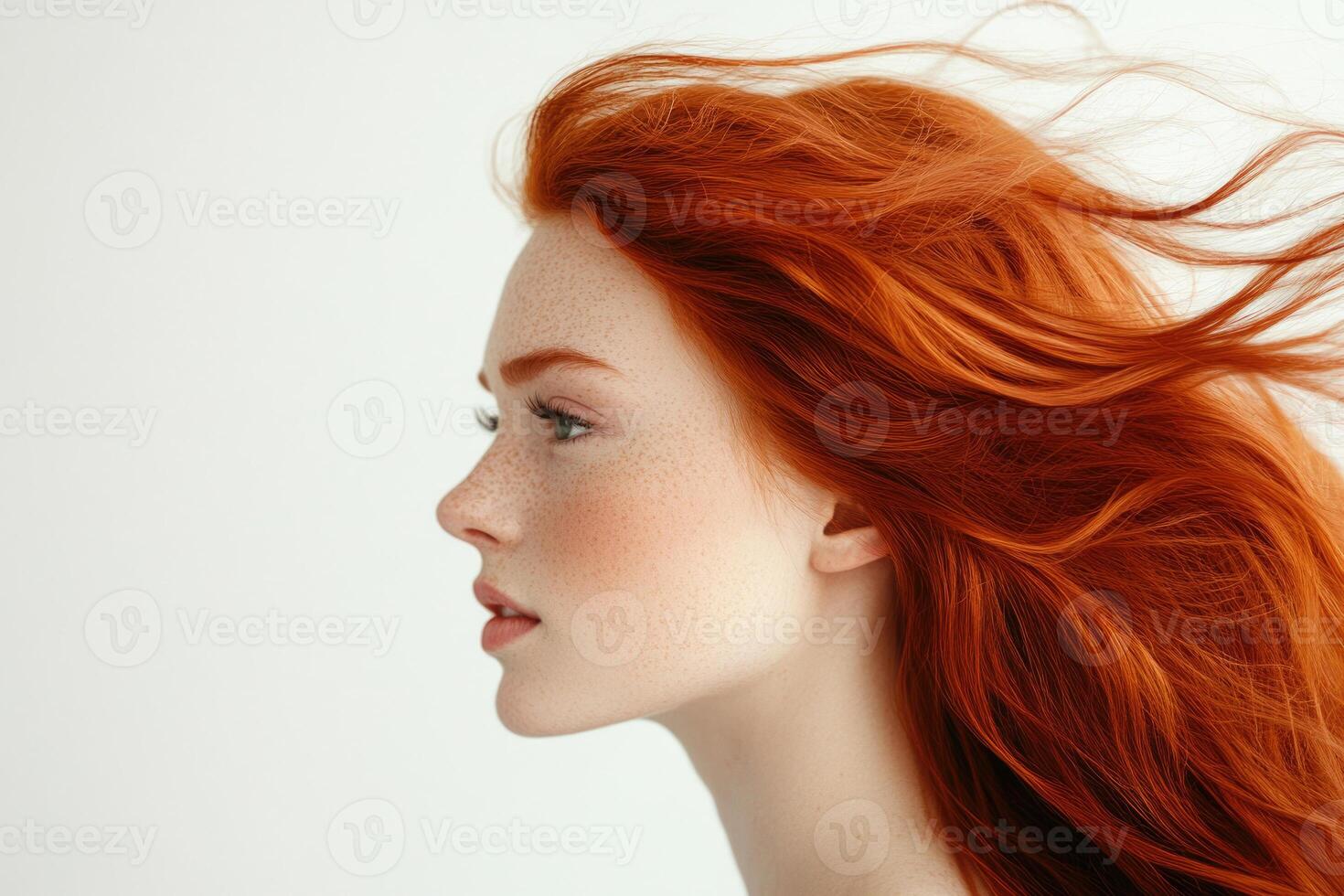 Profile portrait of a beautiful red-haired young woman with flowing hair on a white studio background. photo