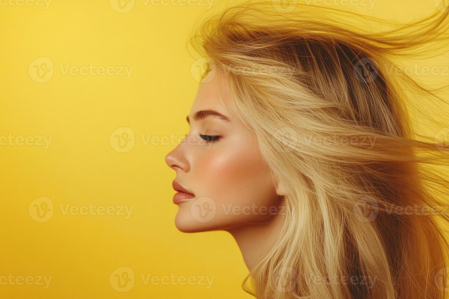 Profile portrait of a blonde woman with hair flowing in the wind on a yellow backdrop. photo