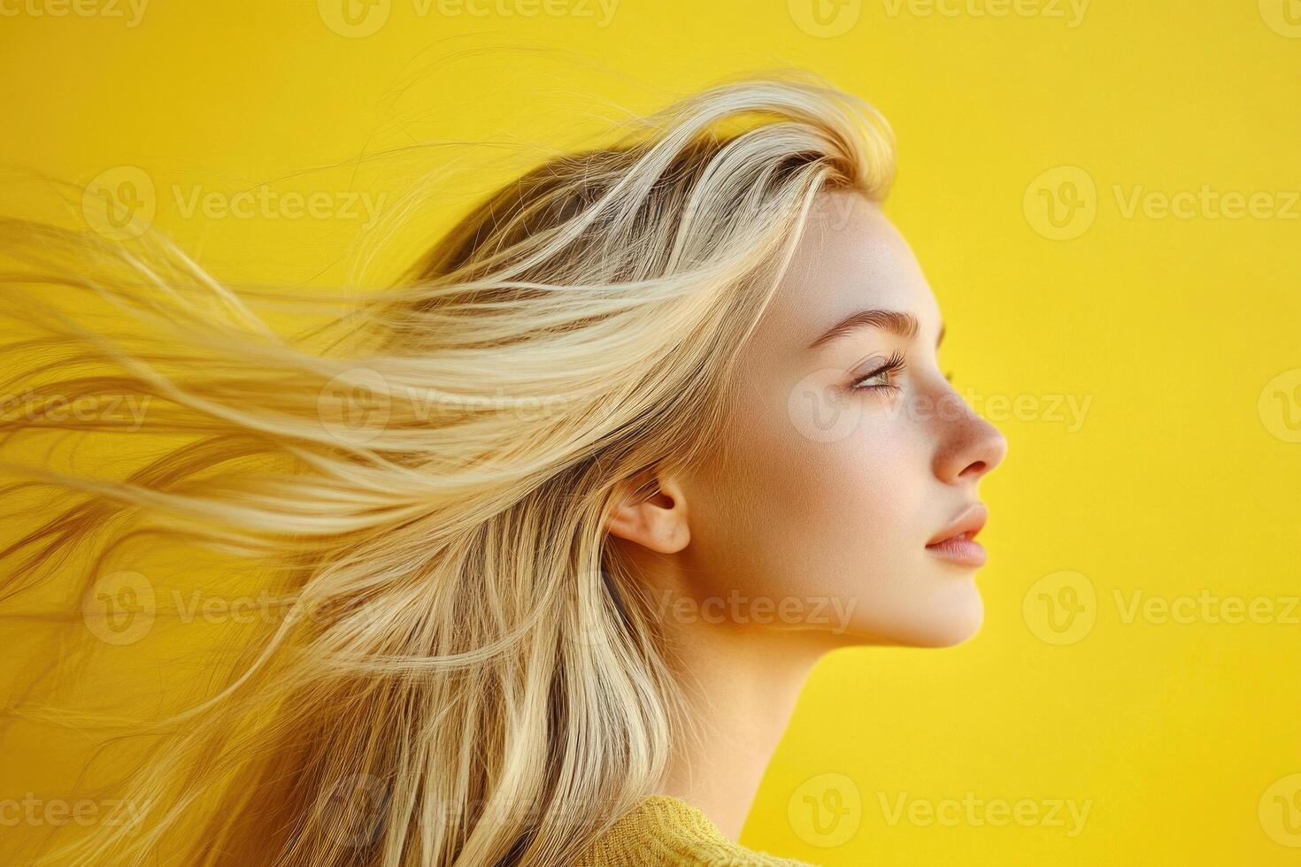 Profile portrait of a blonde woman with hair flowing in the wind on a yellow backdrop. photo