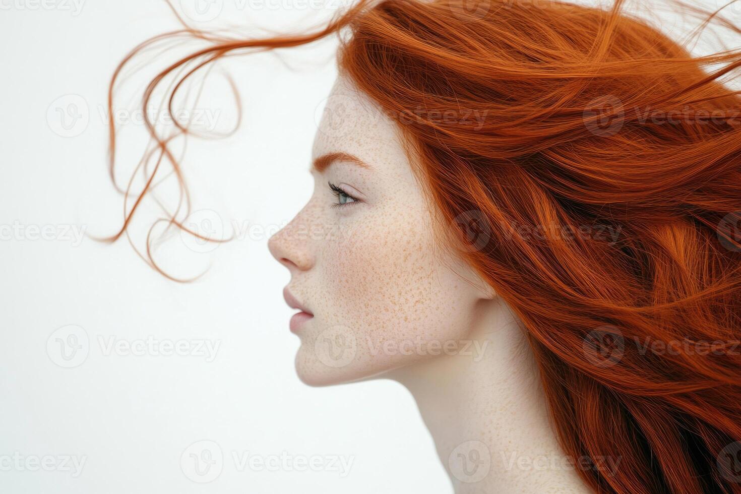 Profile portrait of a beautiful red-haired young woman with flowing hair on a white studio background. photo