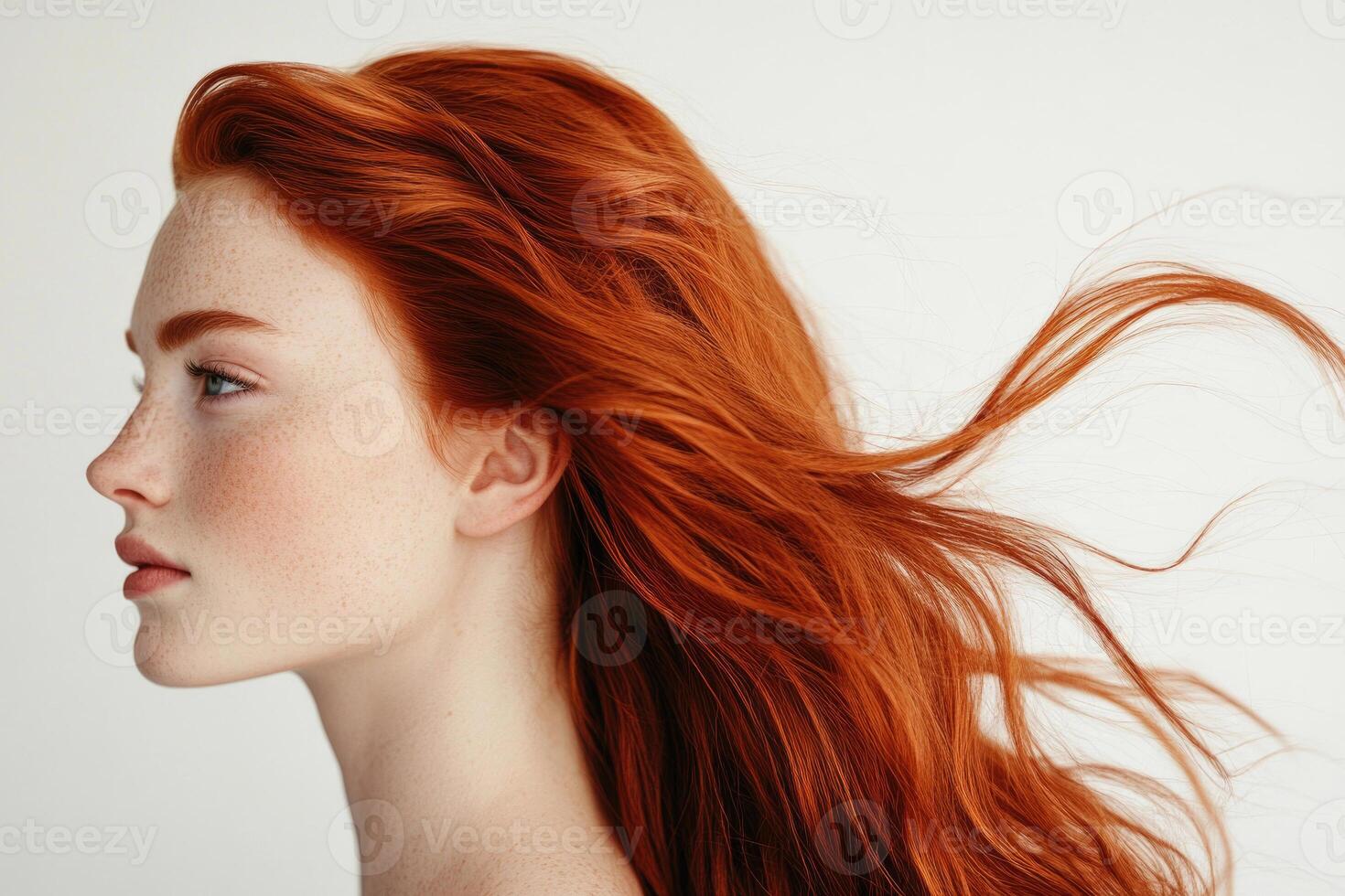 Profile portrait of a beautiful red-haired young woman with flowing hair on a white studio background. photo